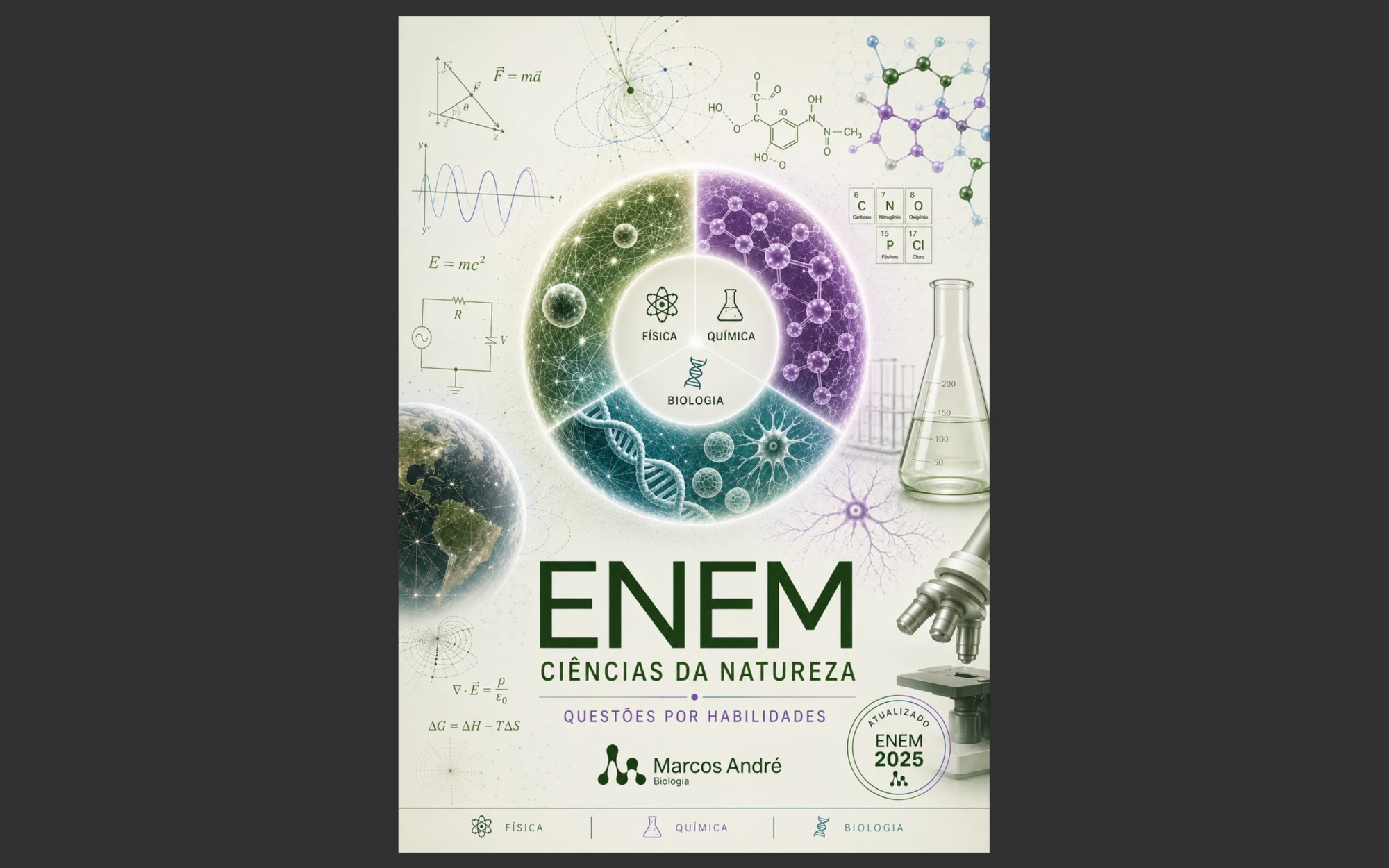 Capa do Caderno de Questões Enem, Ciências da Natureza organizado por habilidades